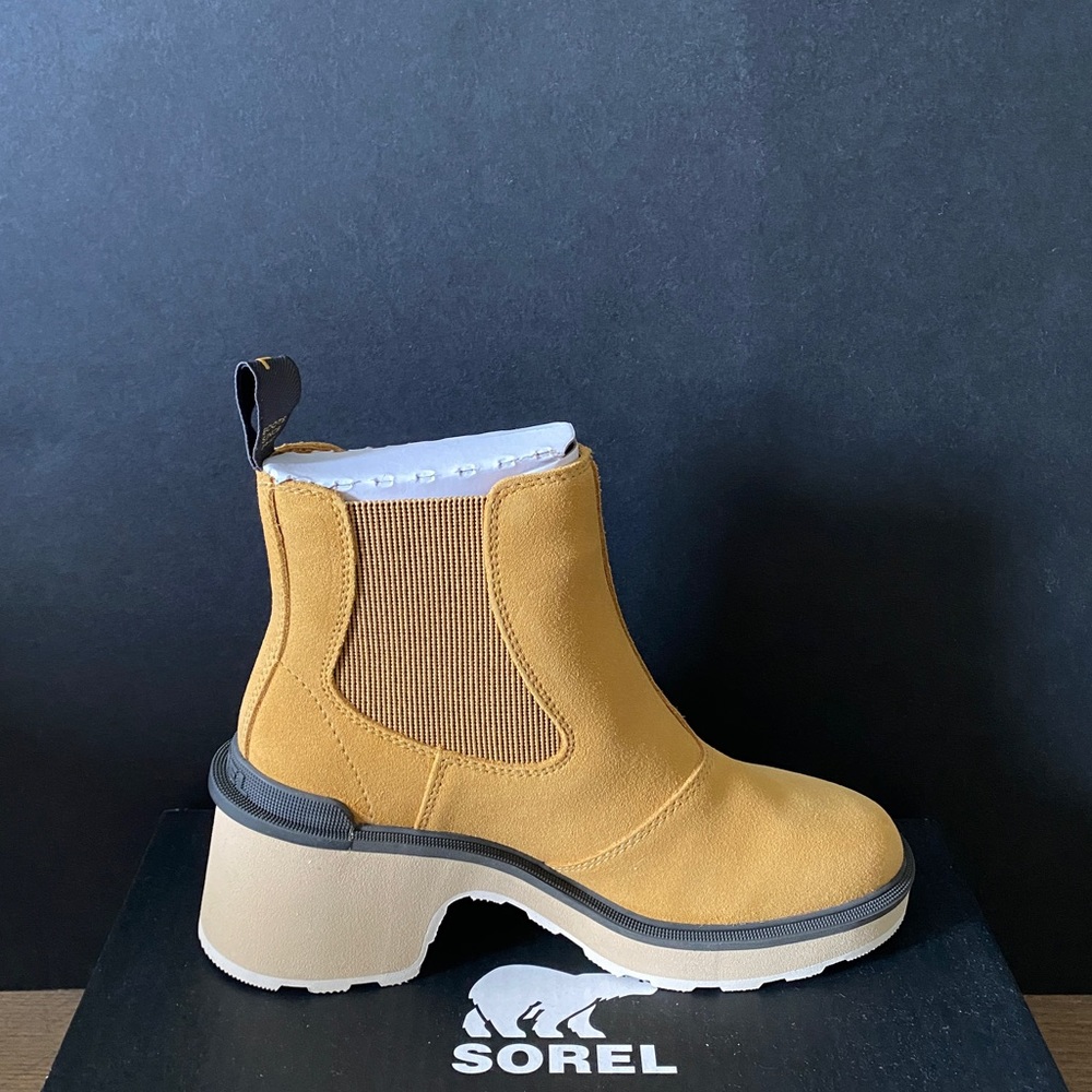 Sorel Hi Line Chelsea Heels Geo Yellow Ankle Short Boots Booties Shoes Pumps NEW - Picture 3 of 5